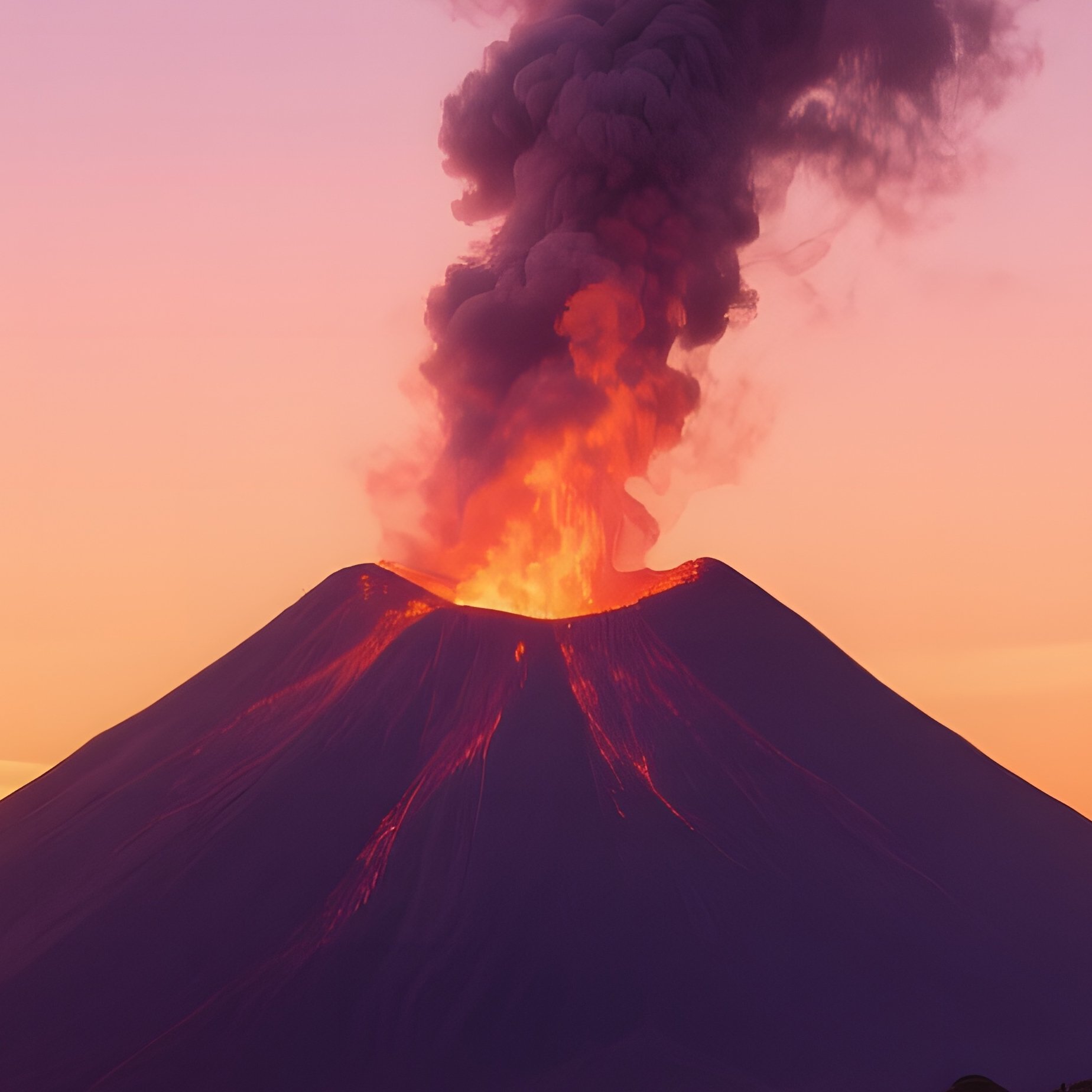 A Tranquil Sunset Over A Glassy Sea Near A Volcanic Island, Faint Plume Of Smoke Rising From - Full Resolution Quality Preview