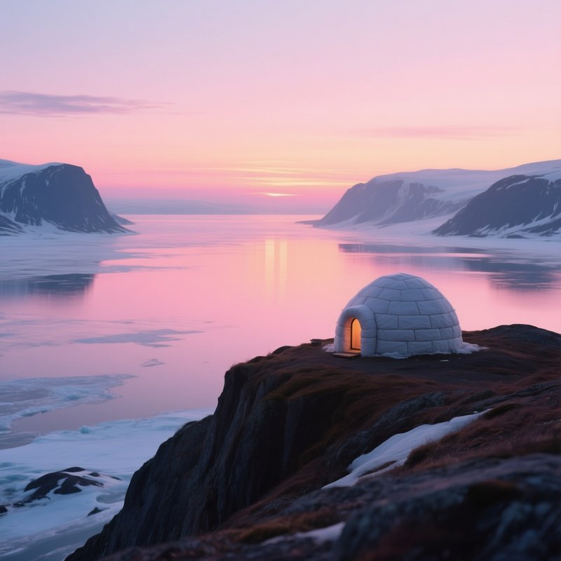 A Tranquil Twilight Scene Where A Lone Igloo Sits Atop A Ridge Overlooking A Frozen Fjord, The