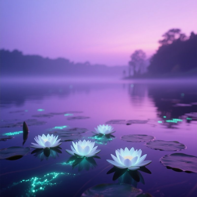 A Tranquil Twilight Scene With Soft Purple Haze Over A Lake, White Water Lilies Illuminated By