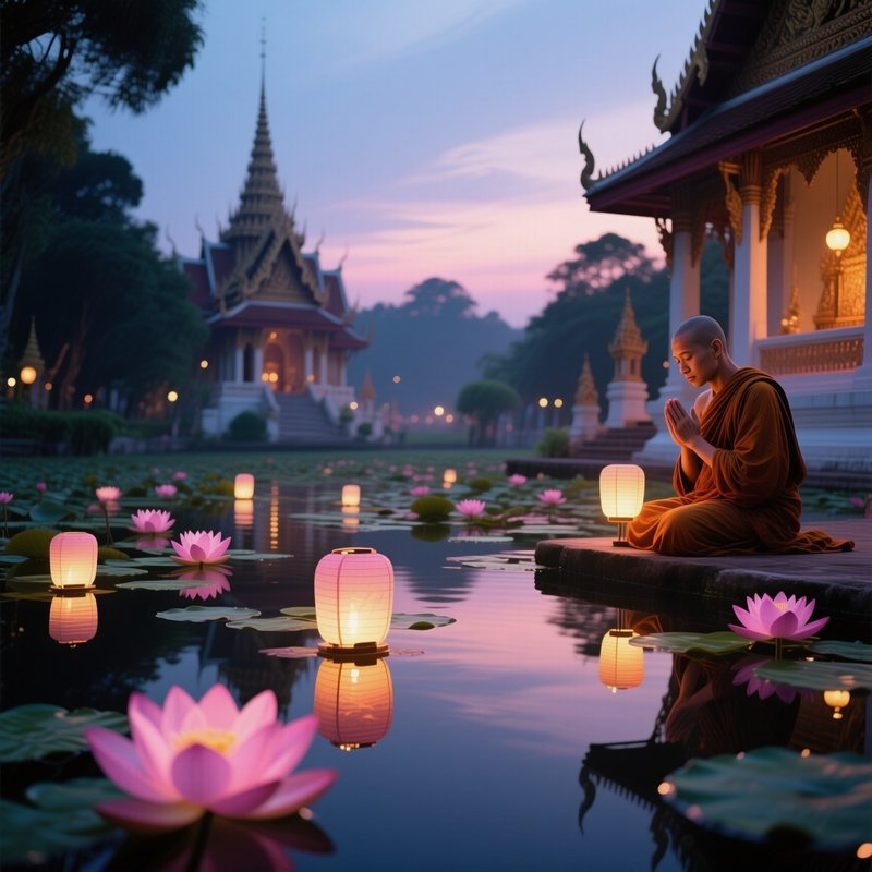 A Tranquil Twilight View Of A Lotus Pond In A Thai Temple Complex, Lanterns Floating On Water, Soft