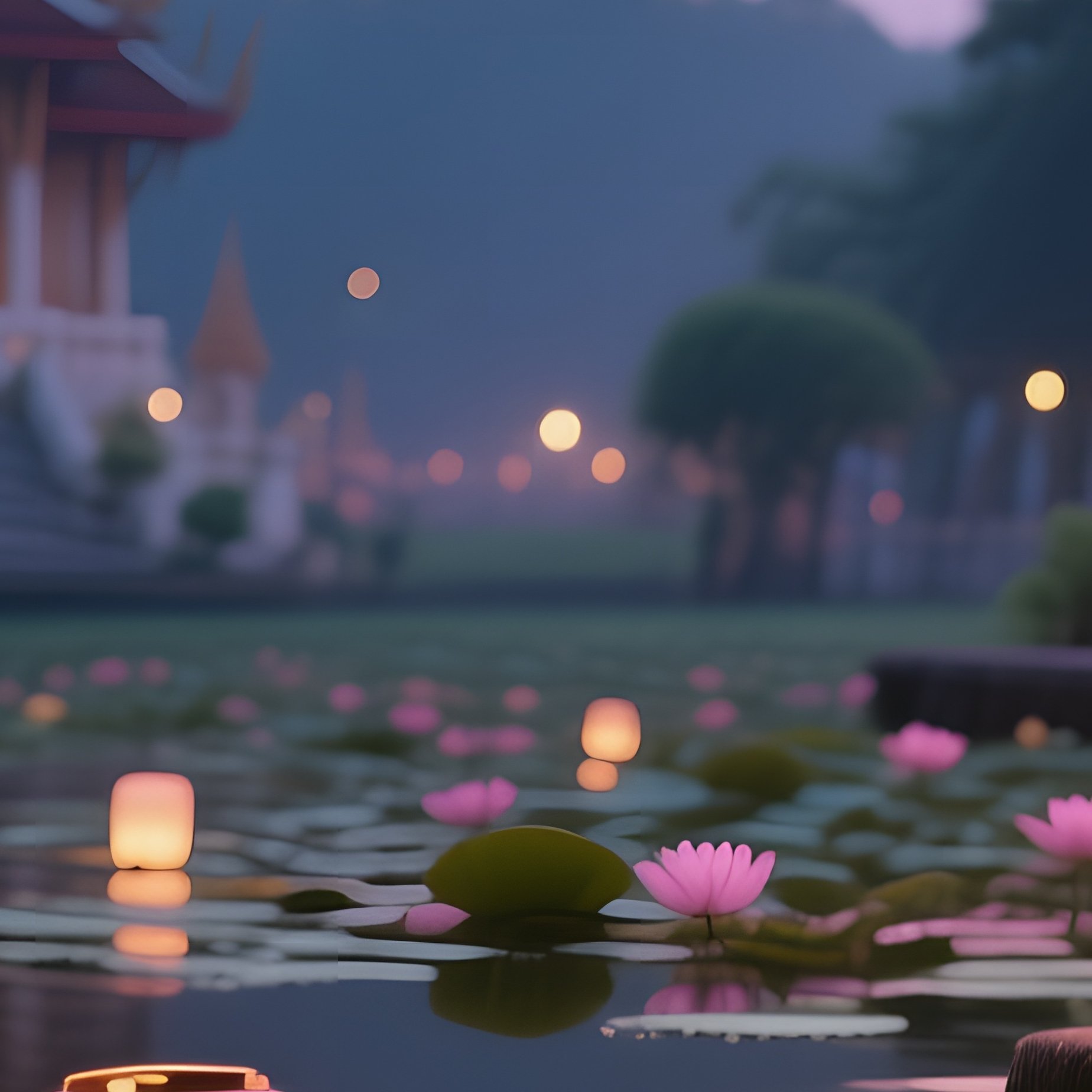 A Tranquil Twilight View Of A Lotus Pond In A Thai Temple Complex, Lanterns Floating On Water, Soft - Full Resolution Quality Preview