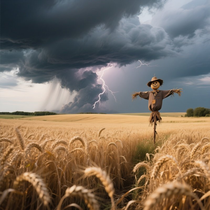 A Tranquil Wheat Field In Kansas Under A Stormy Sky, Tall Golden Stalks Bending, Distant