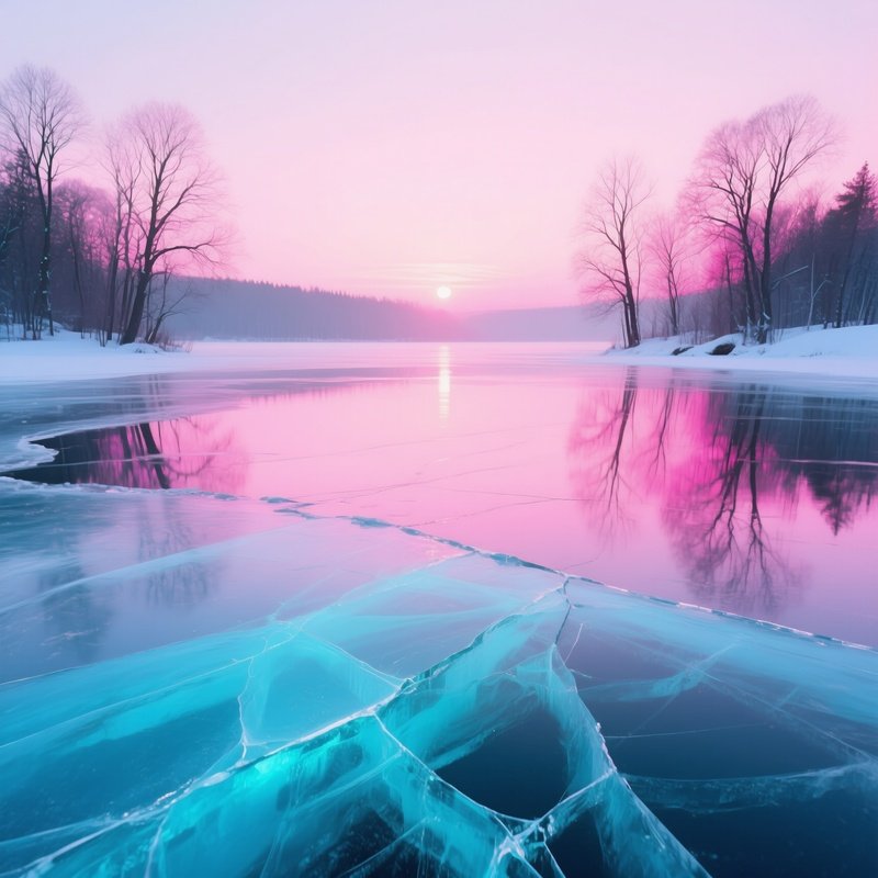 A Tranquil Winter Scene Of A Frozen Lake At Sunrise, Ice Shimmering With Cracks Of Bright Cyan And