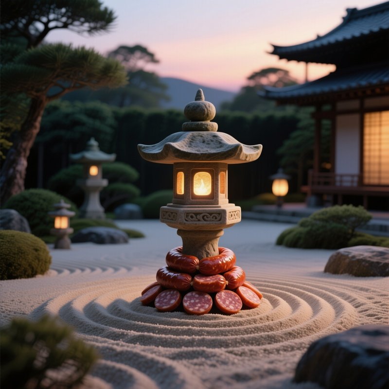 A Tranquil Zen Garden At Dusk With Raked Sand, Centered Around A Stone Lantern Sculpture Crafted