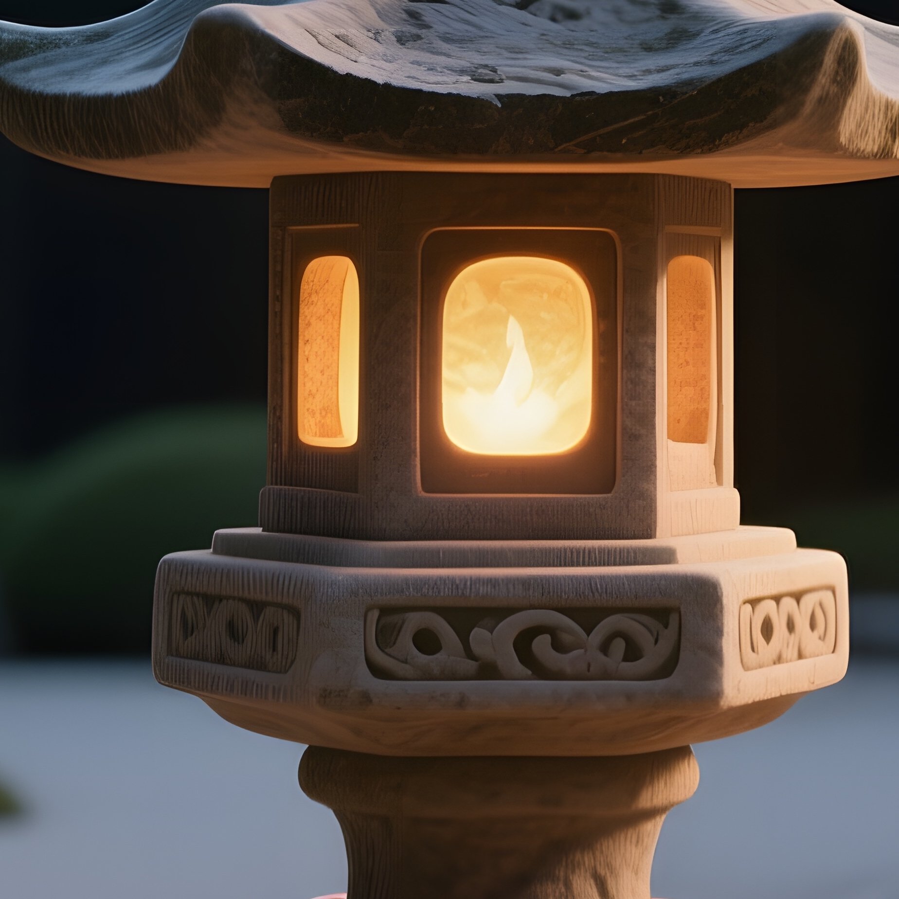 A Tranquil Zen Garden At Dusk With Raked Sand, Centered Around A Stone Lantern Sculpture Crafted - Full Resolution Quality Preview
