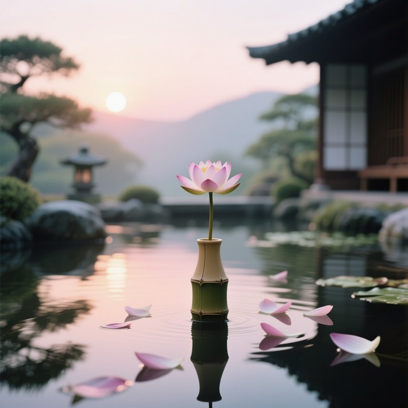 A Tranquil Zen Garden At Sunrise Featuring A Simple Bamboo Vase Holding A Single Lotus Blossom
