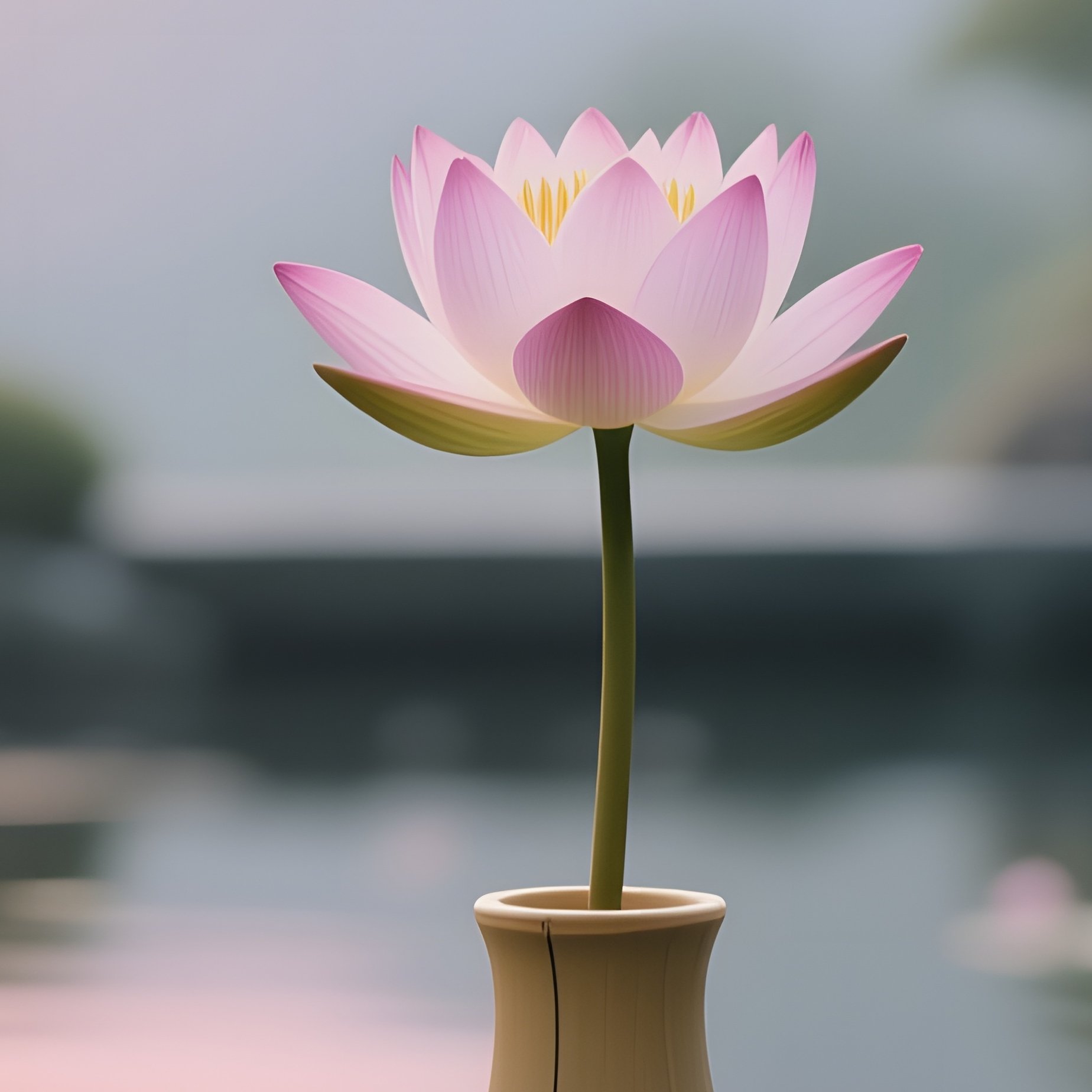 A Tranquil Zen Garden At Sunrise Featuring A Simple Bamboo Vase Holding A Single Lotus Blossom - Full Resolution Quality Preview