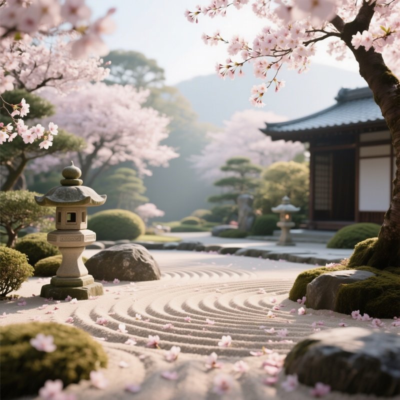 A Tranquil Zen Garden In Early Spring, Cherry Blossoms Scattered On Raked Sand, Stone Lanterns,