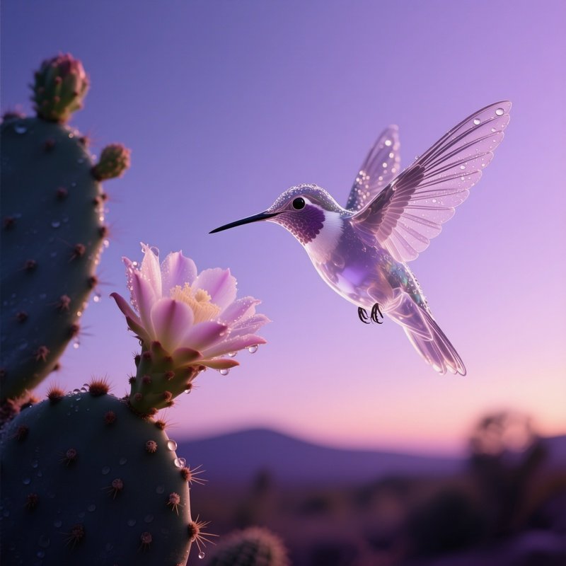 A Translucent Resin Hummingbird Hovering Near A Blooming Cactus At Dusk, Soft Violet Twilight