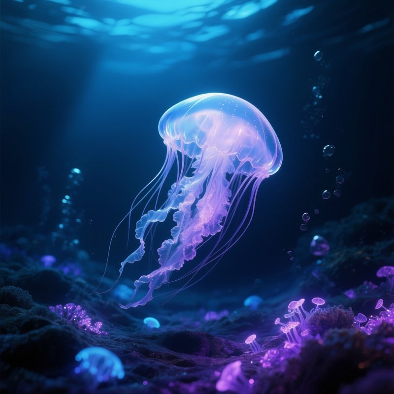 A Translucent Resin Jellyfish Hovering Above A Dark Ocean Floor Illuminated By Bioluminescent