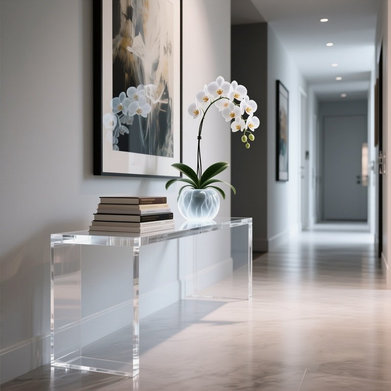 A Transparent Acrylic Console Table In A Modern Hallway, Styled With A Stack Of Art Books And A Ghost Orchid, Appearing Almost Invisible.