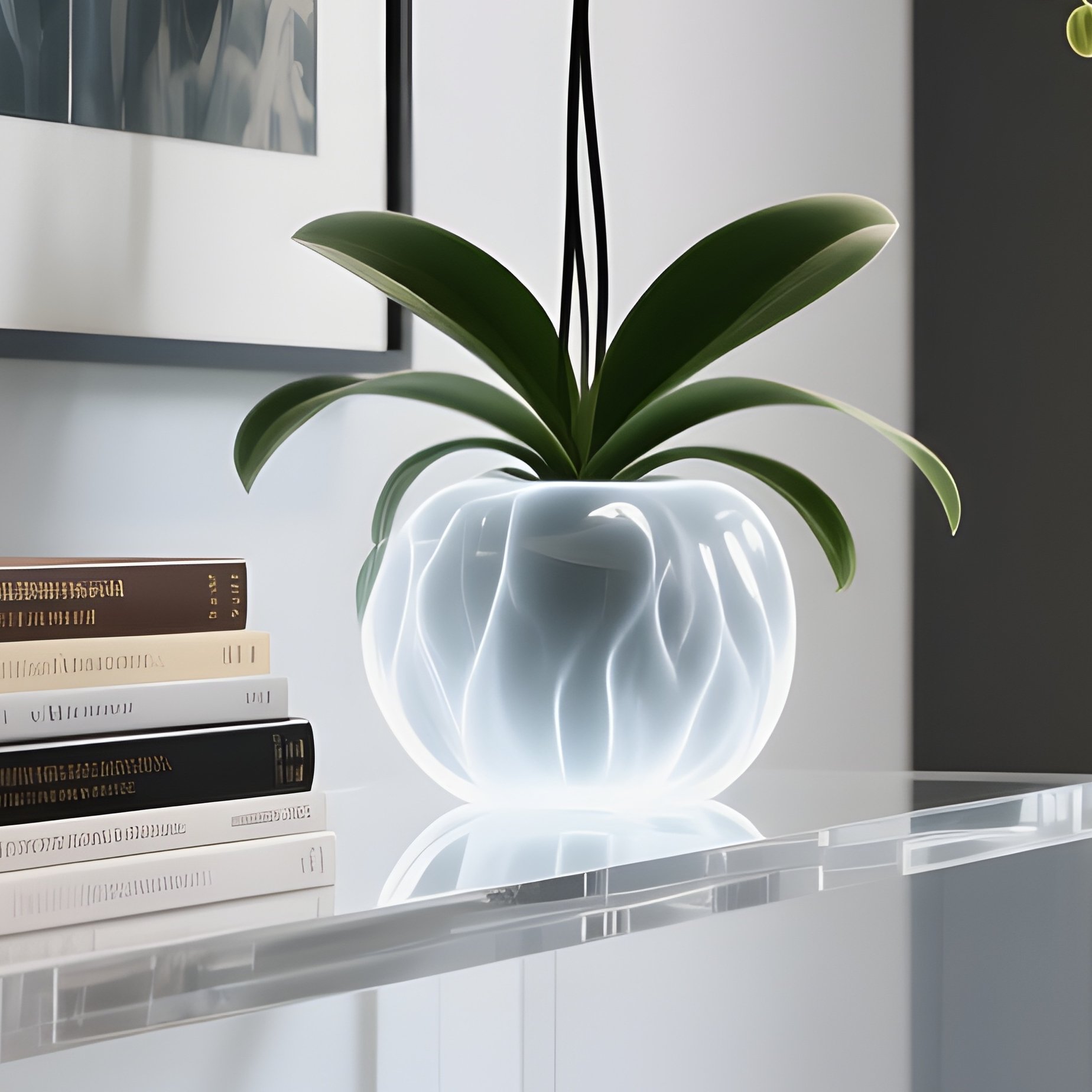 A Transparent Acrylic Console Table In A Modern Hallway, Styled With A Stack Of Art Books And A Ghost Orchid, Appearing Almost Invisible. - Full Resolution Quality Preview