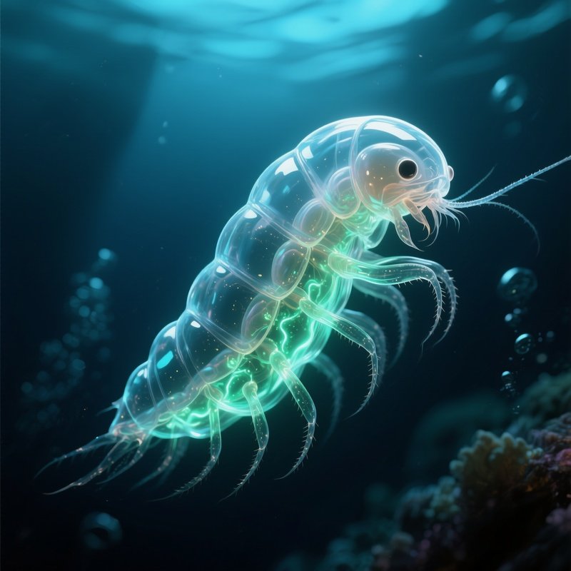 A Transparent Deep Sea Larva Pulsing With Internal Bioluminescence.