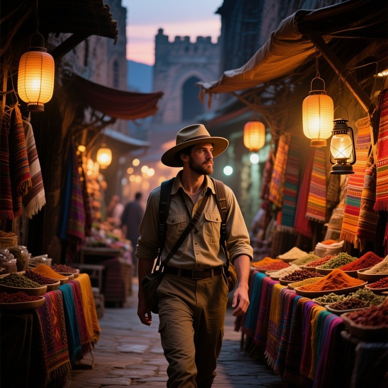 A Traveler In A Wide‑Brimmed Explorer’S Hat Walks Through An Ancient Bazaar At Dusk, Lanterns
