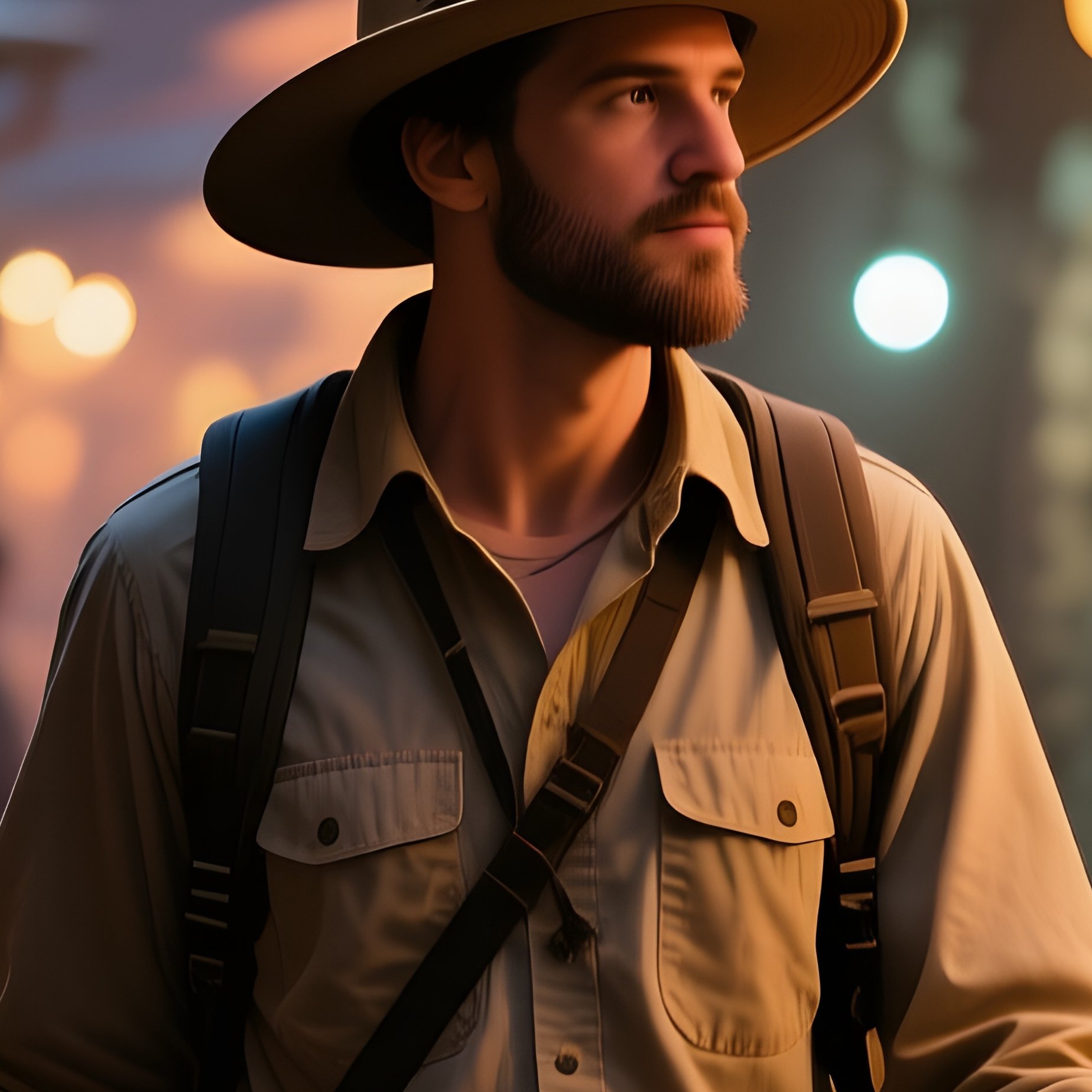 A Traveler In A Wide‑Brimmed Explorer’S Hat Walks Through An Ancient Bazaar At Dusk, Lanterns - Full Resolution Quality Preview