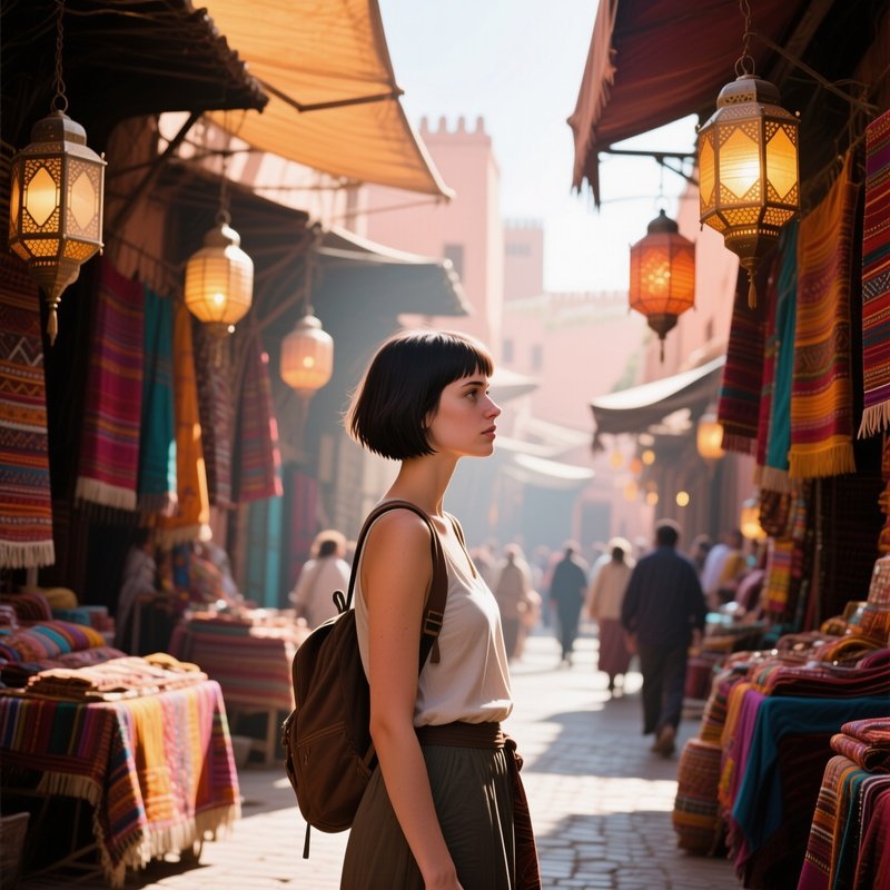 A Traveler With Short Cropped Hair Stands On A Bustling Marrakech Market Street, Vibrant Textiles