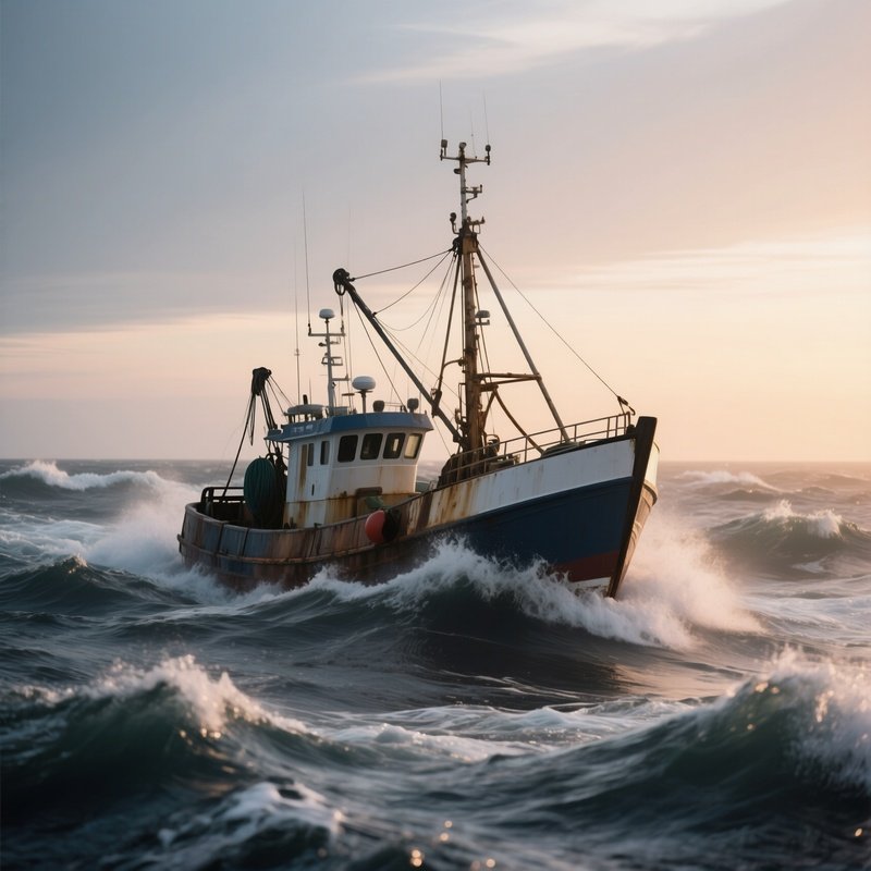 A Trawler Fishing In Rough Offshore Swell At Dawn