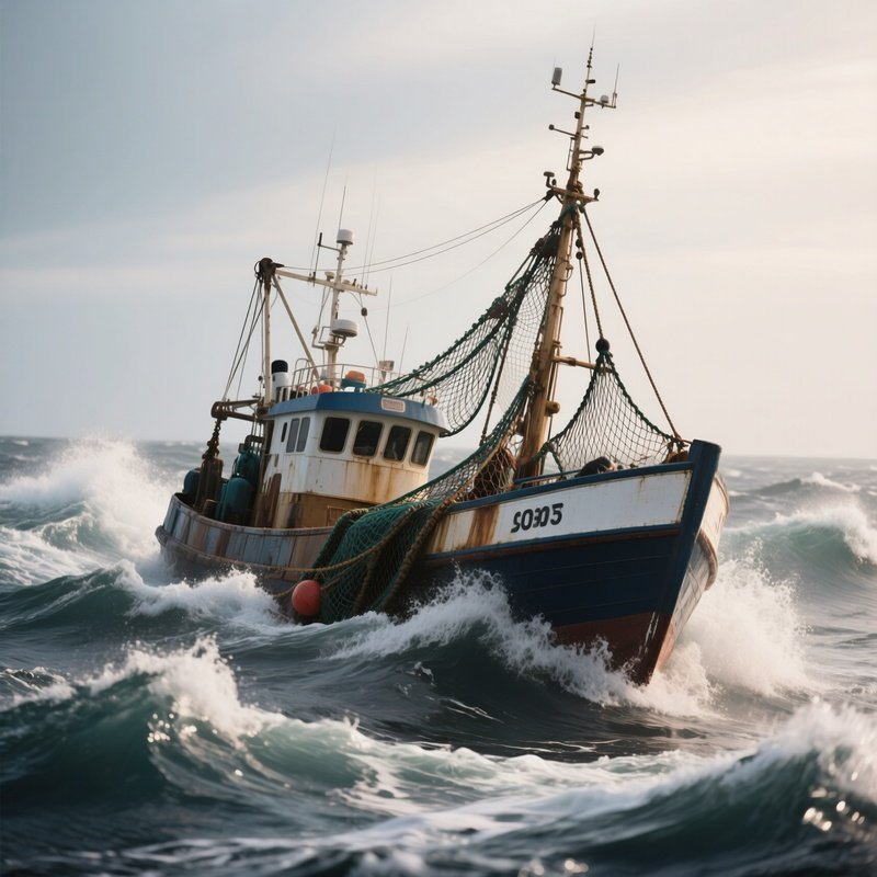 A Trawler Hauling Nets In Turbulent Offshore Waves