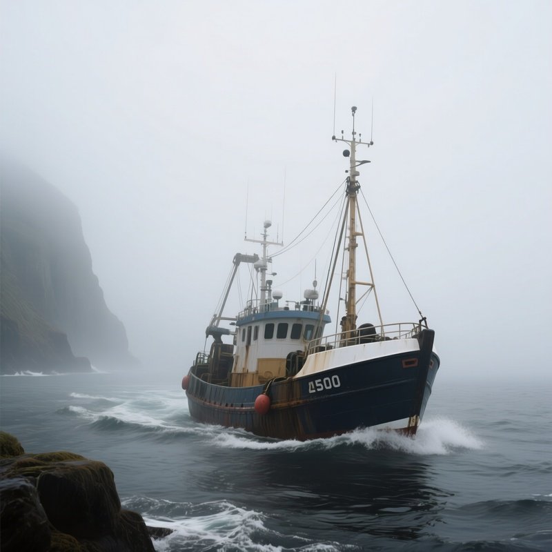 A Trawler Navigating Through Thick Coastal Fog