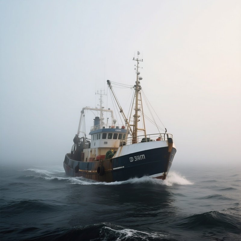 A Trawler Traveling Through Deep Ocean Fog