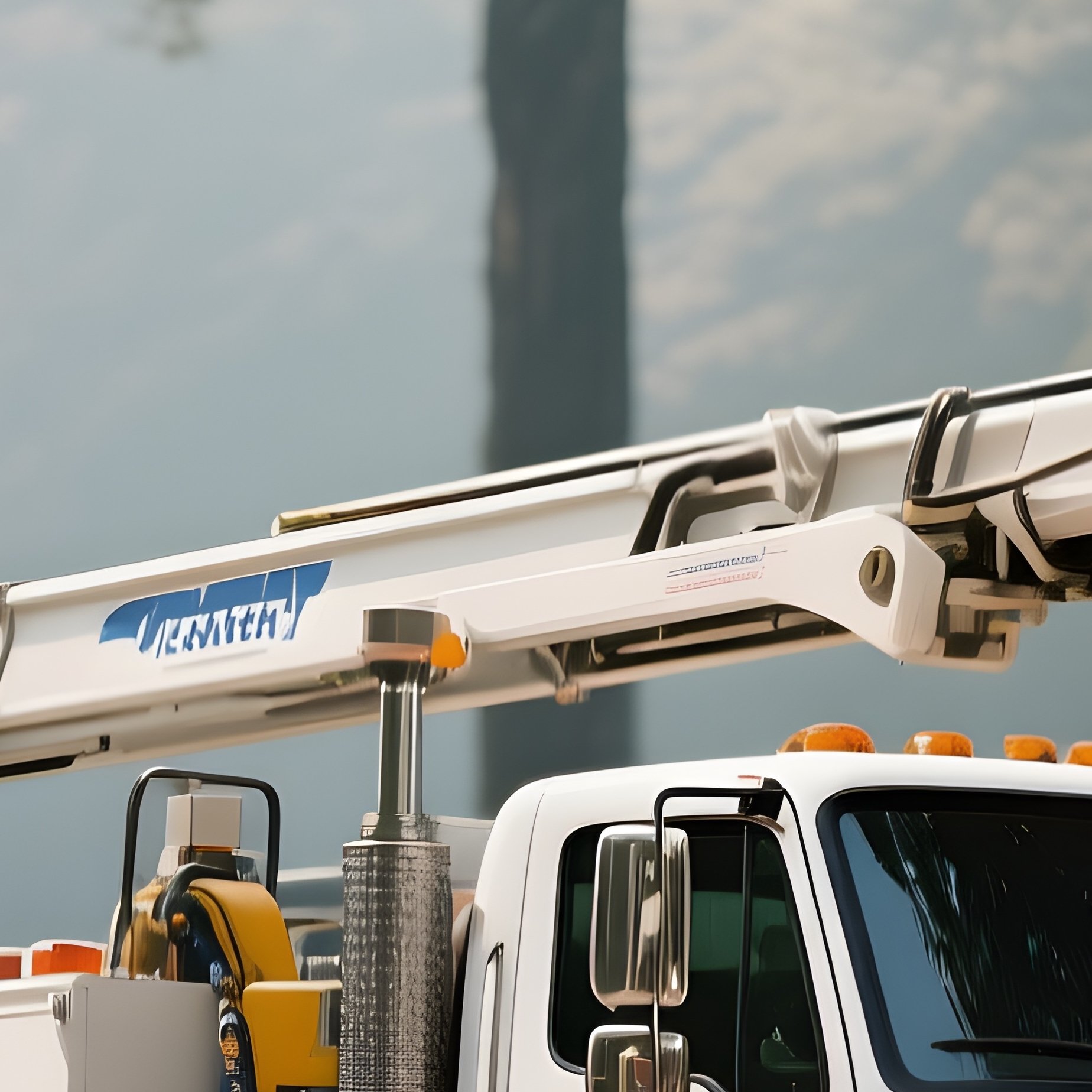 A Tree Service Bucket Truck Parked Under Tall Trees - Full Resolution Quality Preview