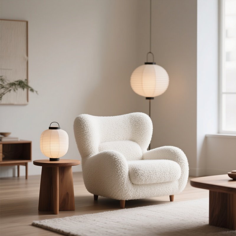 A Trendy, Sculptural White Bouclé Accent Chair Placed In A Japandi Style Living Room, Paired With A Small Solid Wood Side Table And Bathed In Soft, Diffused Lighting From A Paper Lantern.