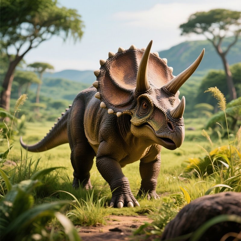 A Triceratops In A Prehistoric Savanna Scene