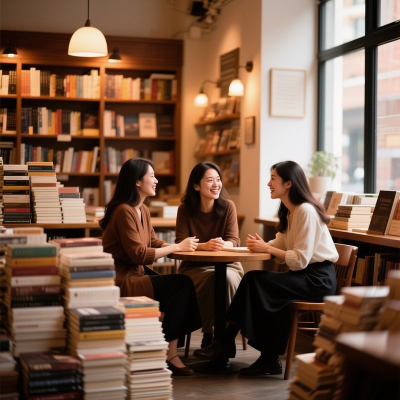 A Trio Of Women In A Cozy Bookstore Cafe
