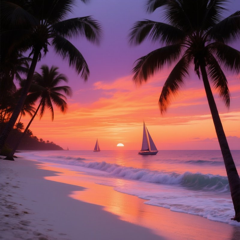 A Tropical Beach At Sunset, Palm Silhouettes Framing A Horizon Of Molten Orange And Violet, Gentle