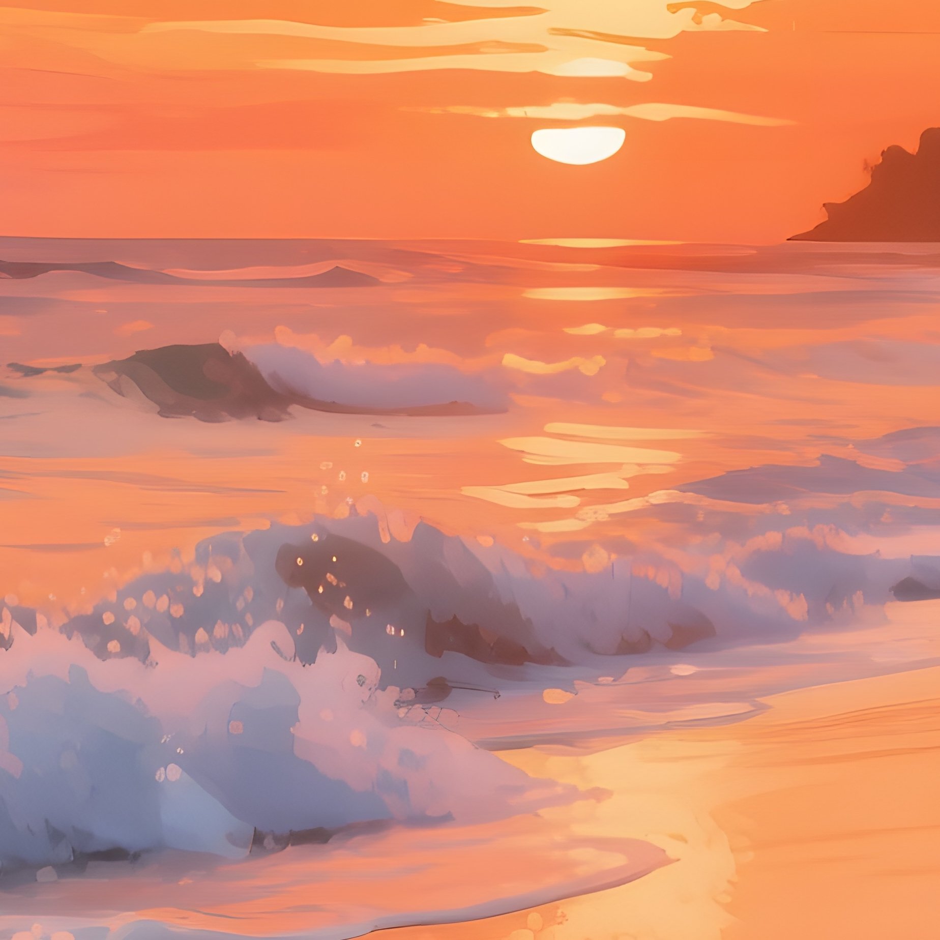 A Tropical Beach At Sunset, Palm Silhouettes Against Flaming Orange Sky, Watercolor Waves Gently - Full Resolution Quality Preview