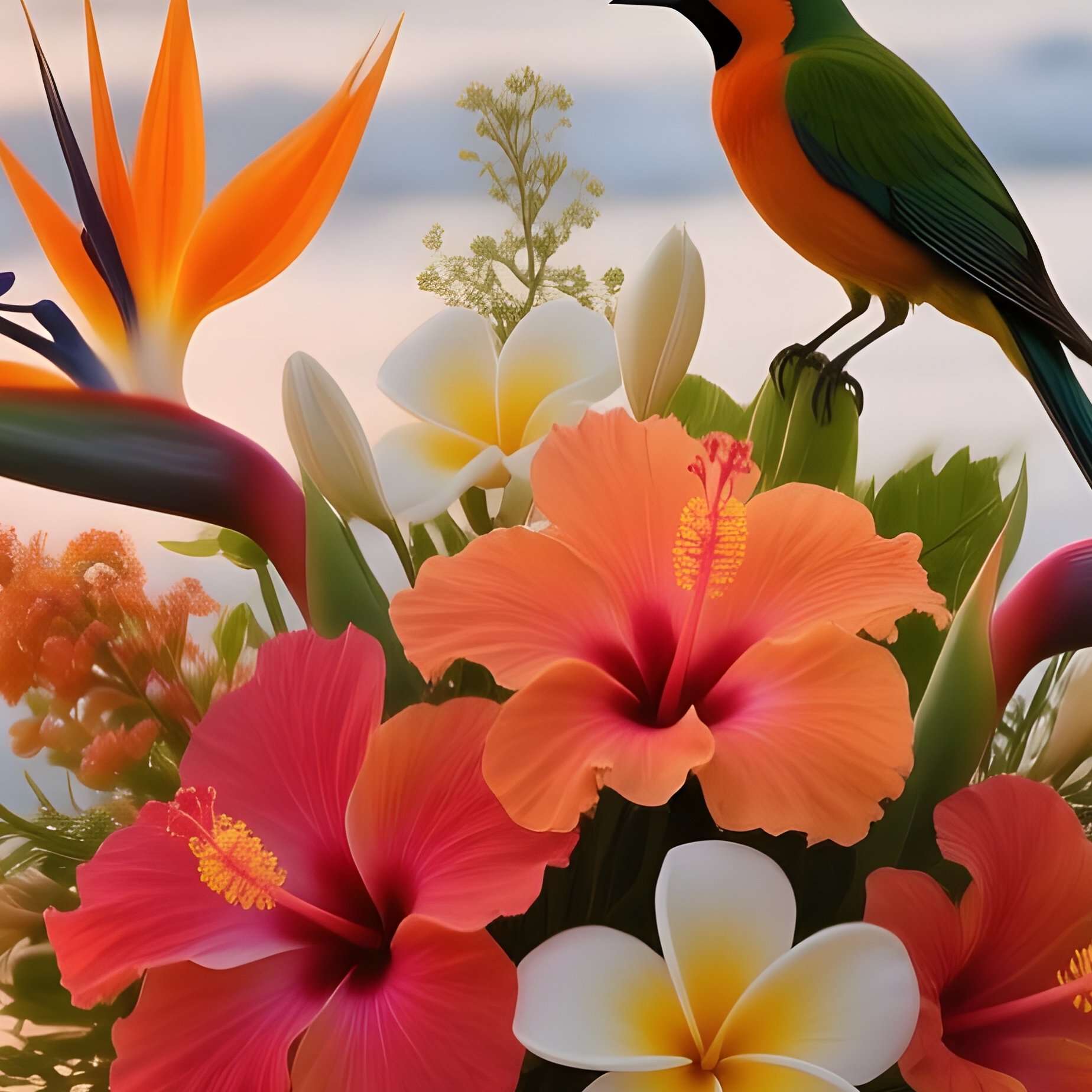 A Tropical Beach Sunset Scene Where A Driftwood Table Holds A Bright Bouquet Of Hibiscus, - Full Resolution Quality Preview