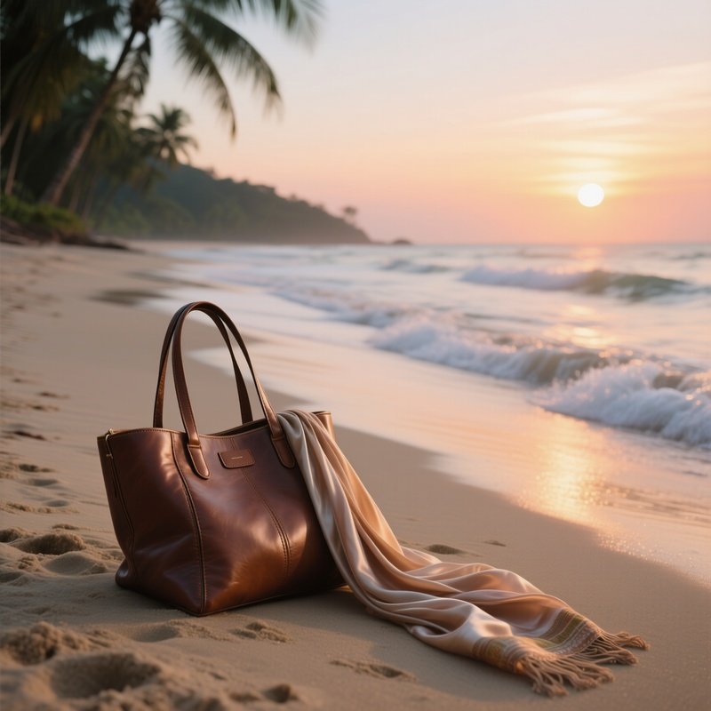 A Tropical Beach Sunset Scene Where A Leather Tote Lies On Sand Next To A Flowing Silk Sarong,
