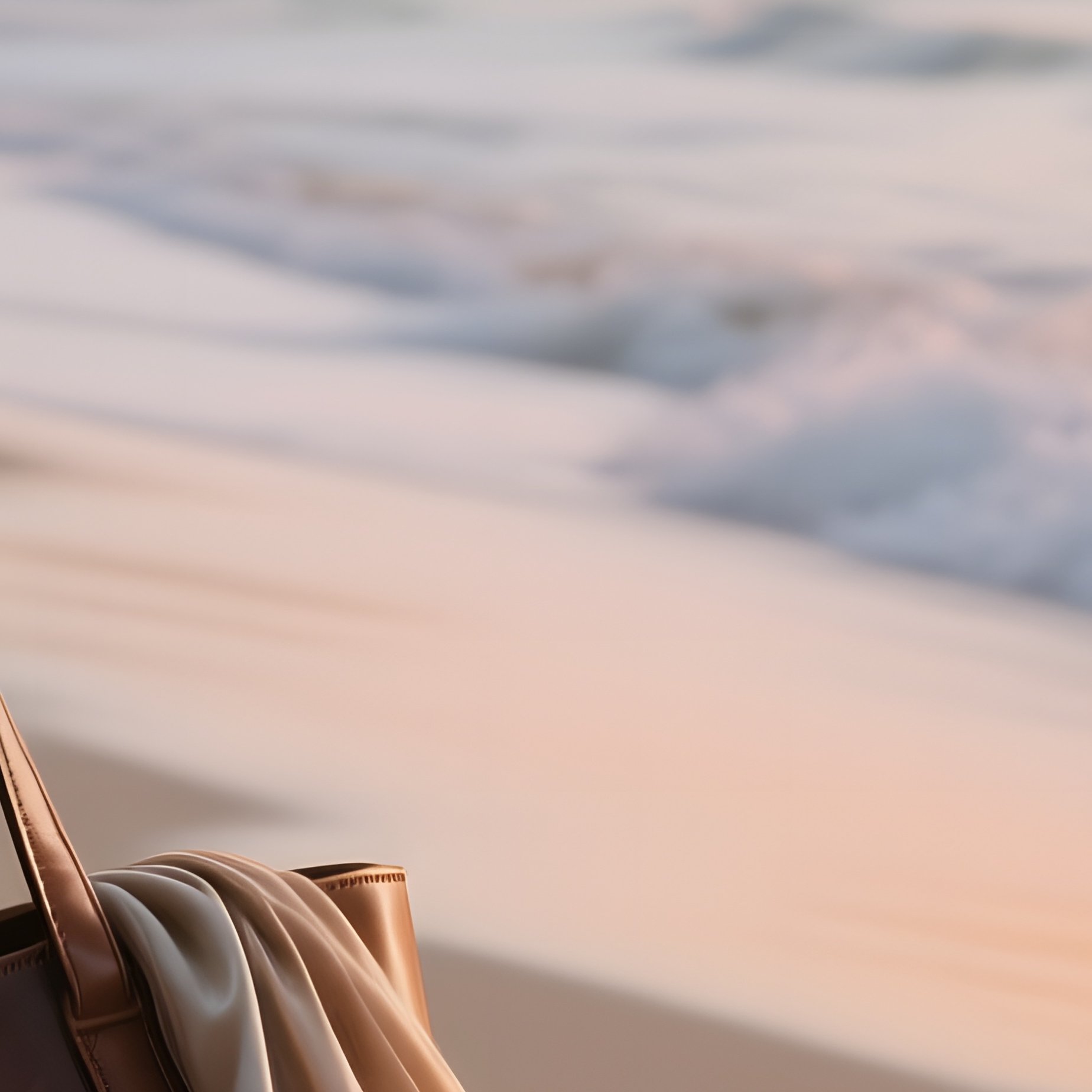 A Tropical Beach Sunset Scene Where A Leather Tote Lies On Sand Next To A Flowing Silk Sarong, - Full Resolution Quality Preview