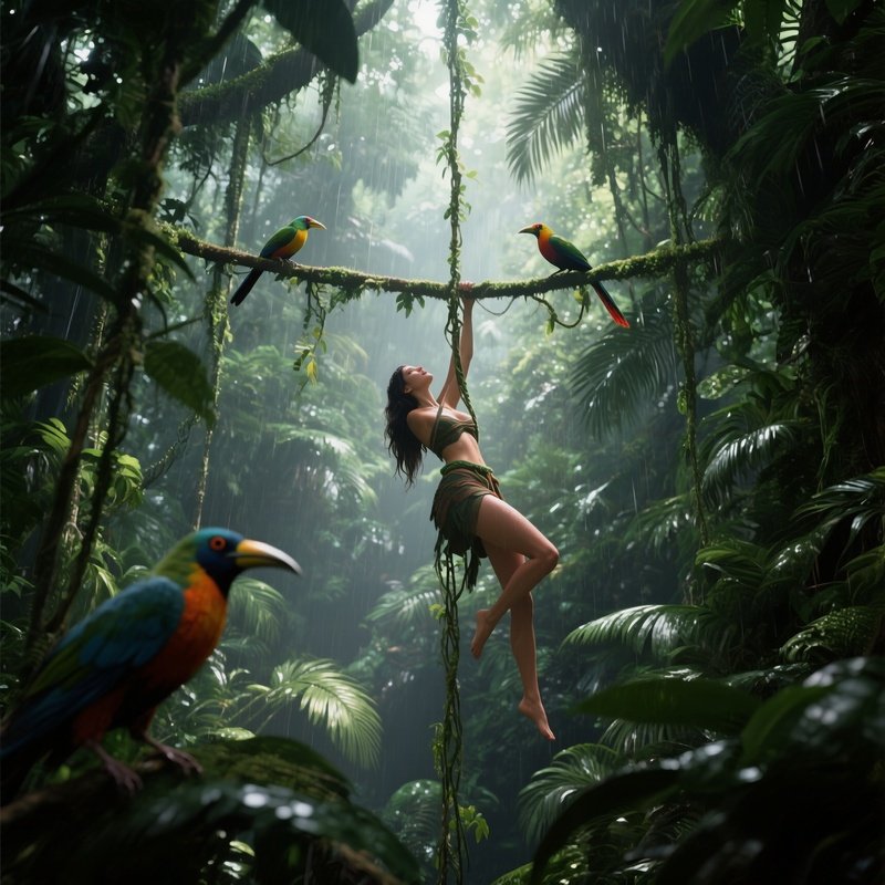 A Tropical Rainforest Canopy, A Female Figure Suspended From Vines, Dappled Sunlight Filtering