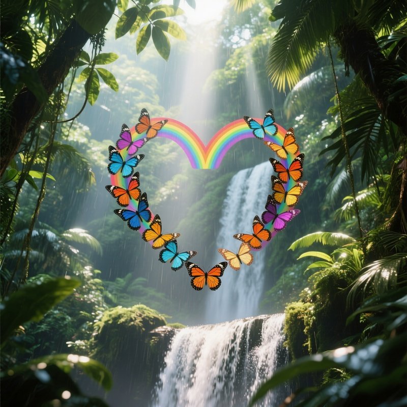 A Tropical Rainforest Canopy At Midday, Shafts Of Sunlight Piercing Through Leaves As Rainbow‑Hued