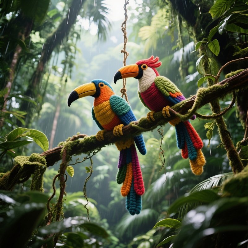 A Tropical Rainforest Canopy View At Noon, Where A Hanging Wool Sculpture Of Exotic Birds Perches