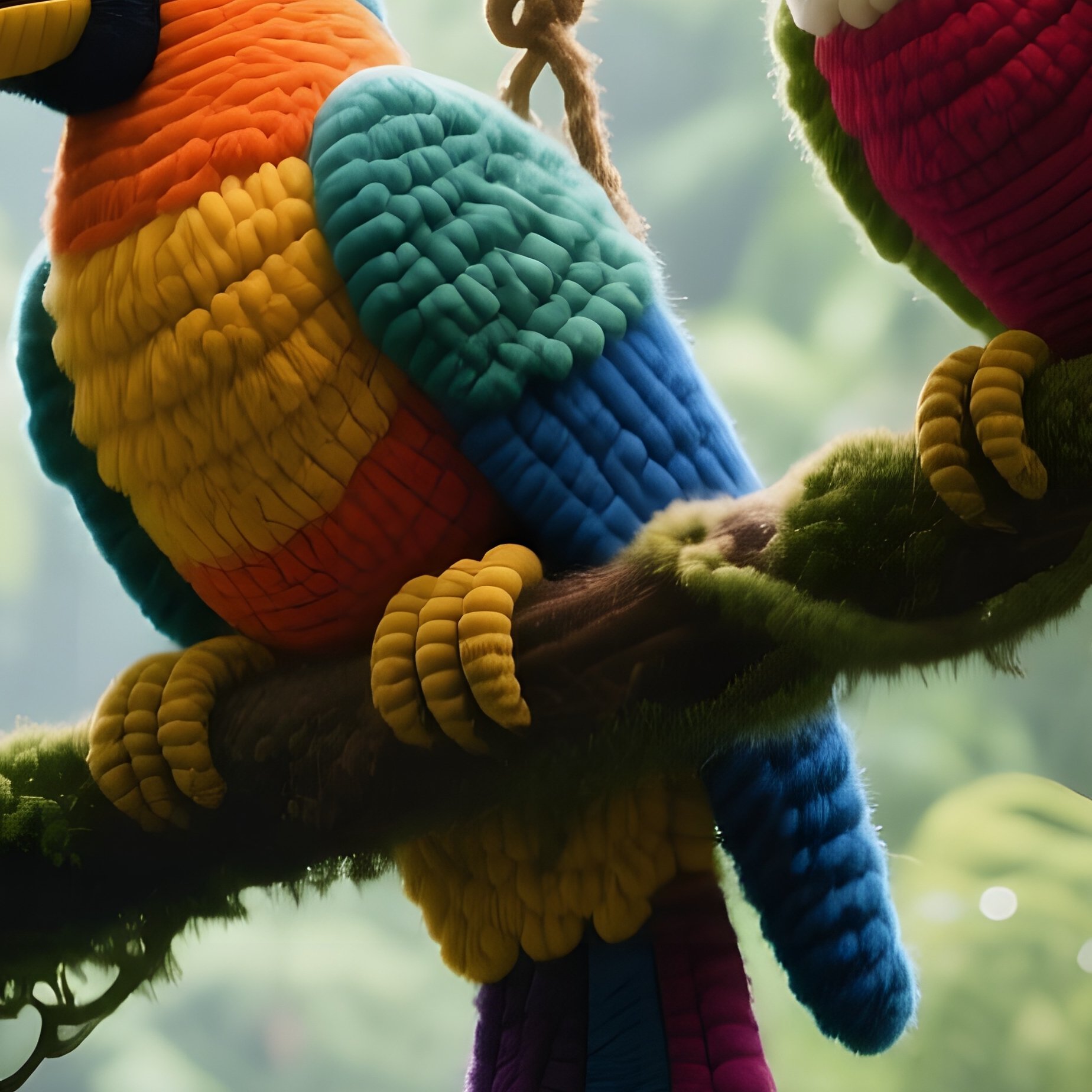 A Tropical Rainforest Canopy View At Noon, Where A Hanging Wool Sculpture Of Exotic Birds Perches - Full Resolution Quality Preview
