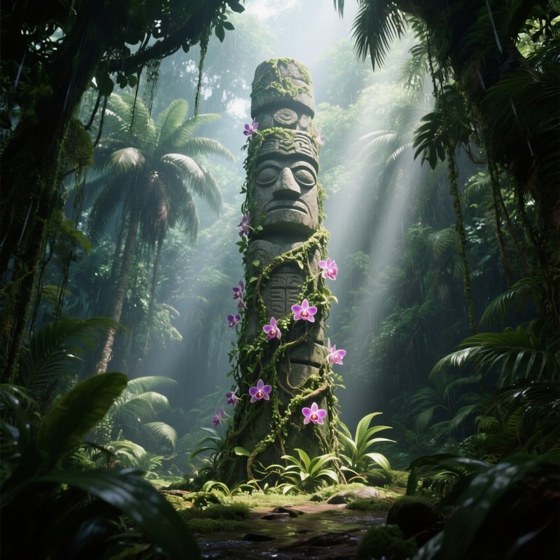 A Tropical Rainforest Clearing With A Towering Stone Totem Covered In Vines And Orchids, Shafts Of