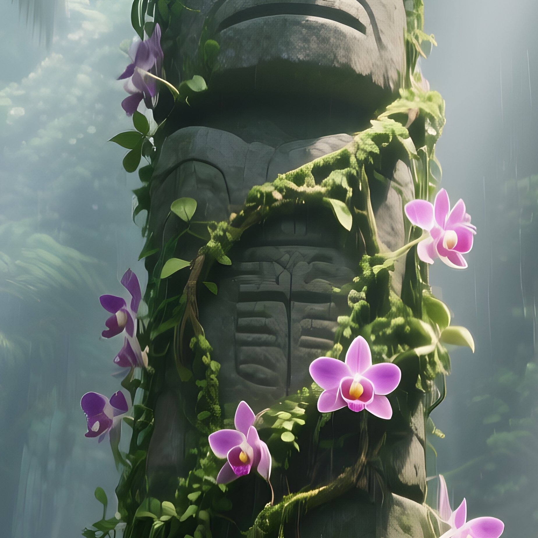 A Tropical Rainforest Clearing With A Towering Stone Totem Covered In Vines And Orchids, Shafts Of - Full Resolution Quality Preview