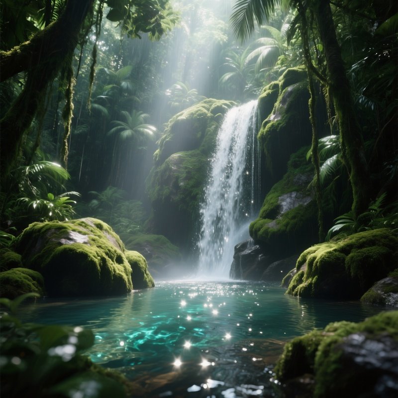 A Tropical Rainforest Waterfall Cascading Over Moss‑Covered Rocks Into A Crystal Pool, Shafts Of