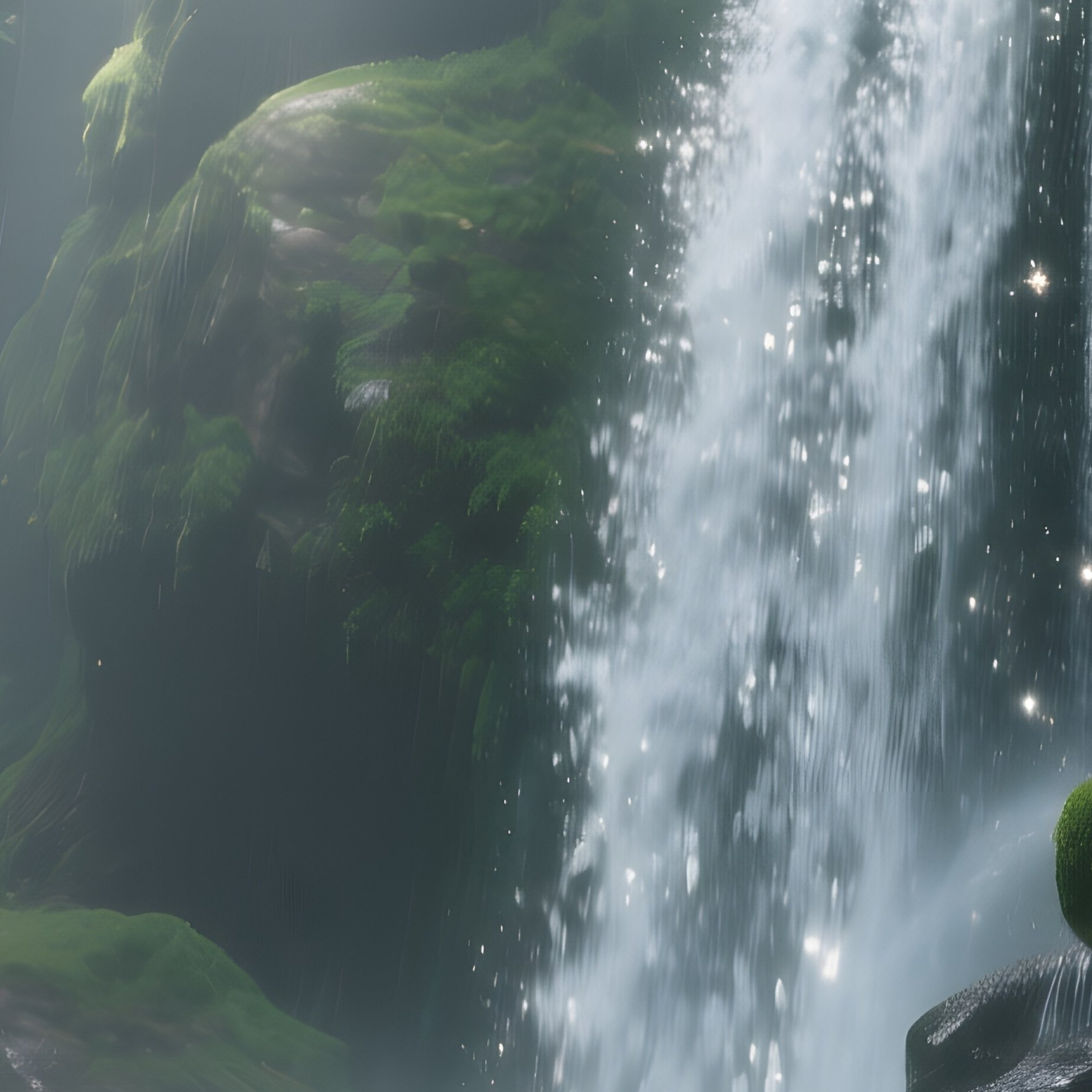 A Tropical Rainforest Waterfall Cascading Over Moss‑Covered Rocks Into A Crystal Pool, Shafts Of - Full Resolution Quality Preview