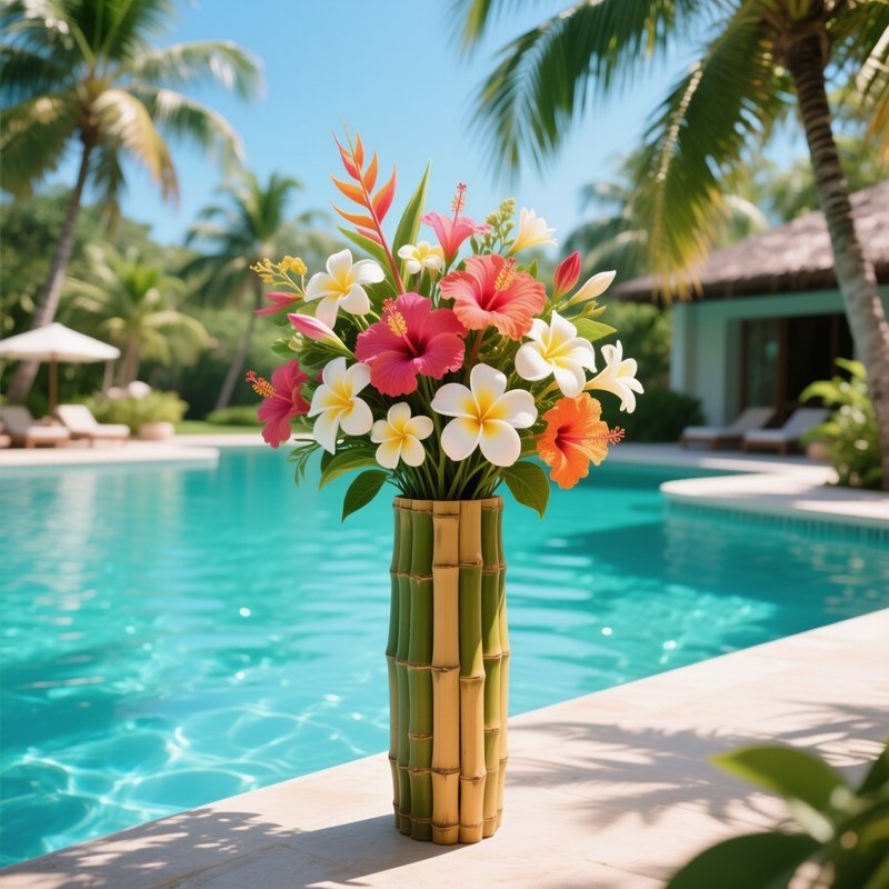 A Tropical Resort Poolside At Midday, Turquoise Water Shimmering, A Tall Bamboo Vase Holding An
