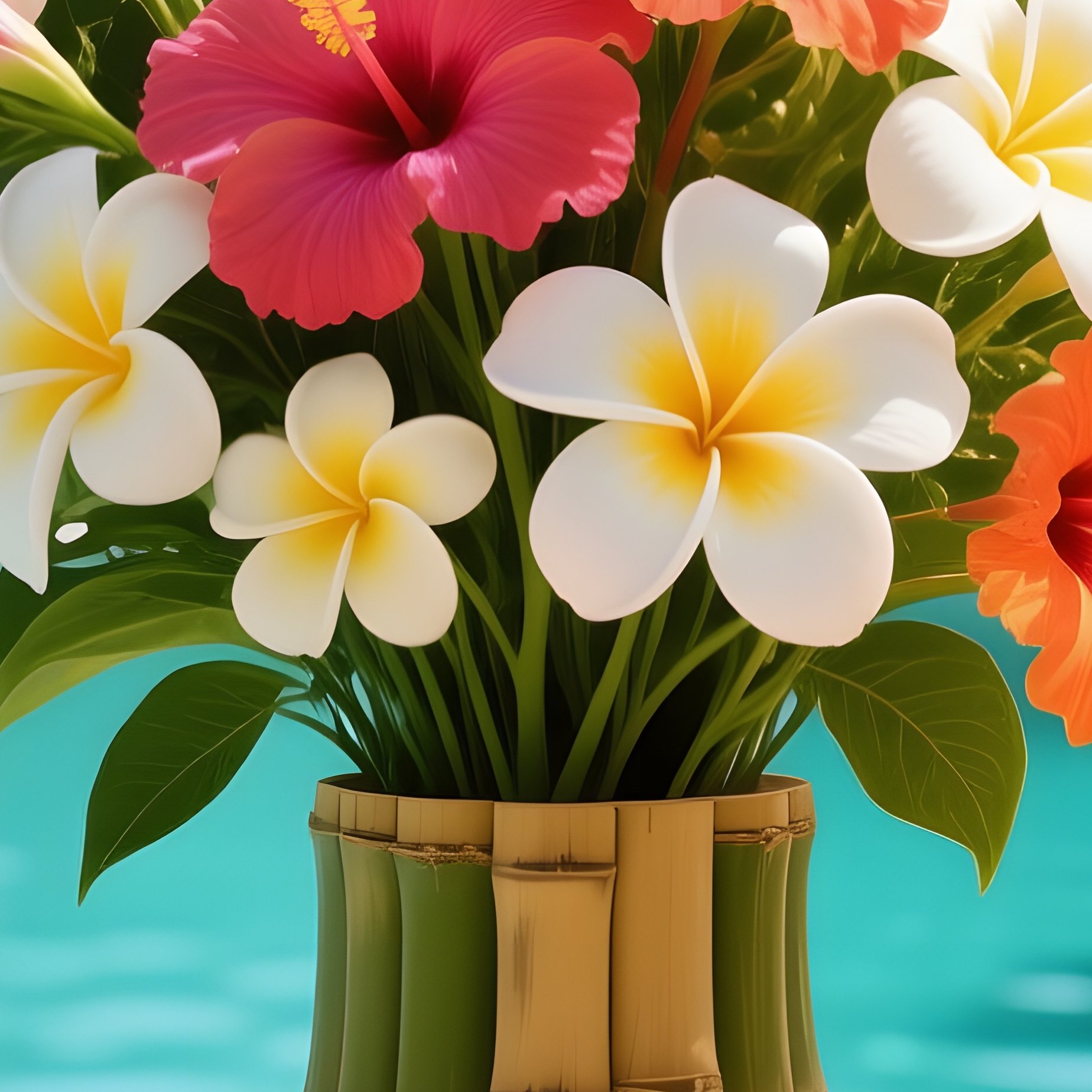 A Tropical Resort Poolside At Midday, Turquoise Water Shimmering, A Tall Bamboo Vase Holding An - Full Resolution Quality Preview