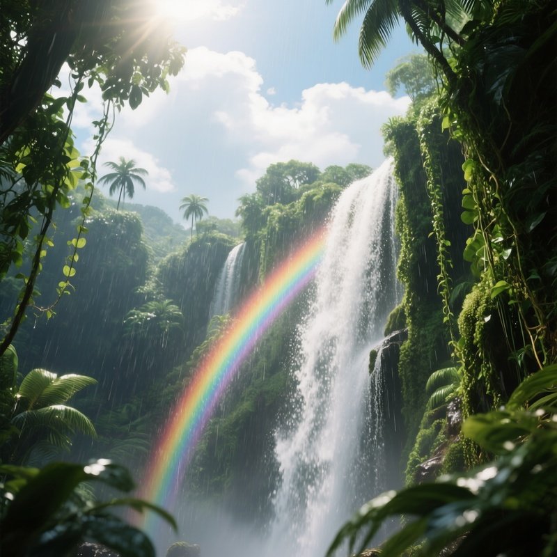 A Tropical Waterfall During The Rainy Season, Lush Green Vines Dripping, Rainbows Forming In Spray,