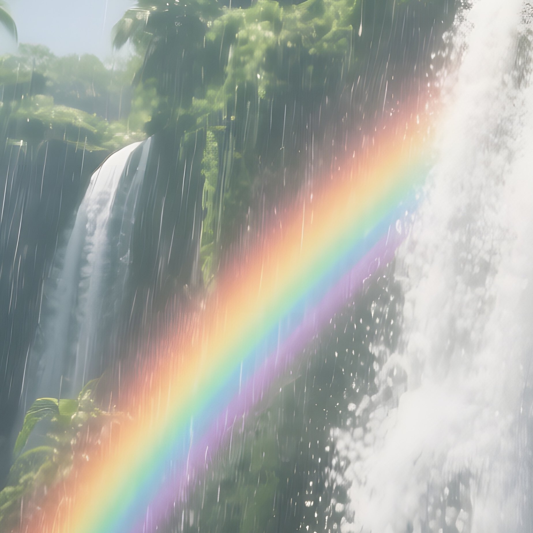 A Tropical Waterfall During The Rainy Season, Lush Green Vines Dripping, Rainbows Forming In Spray, - Full Resolution Quality Preview