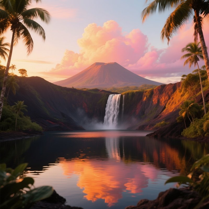 A Tropical Waterfall Plunging Into A Volcanic Crater Lake At Golden Hour, Orange And Pink Clouds