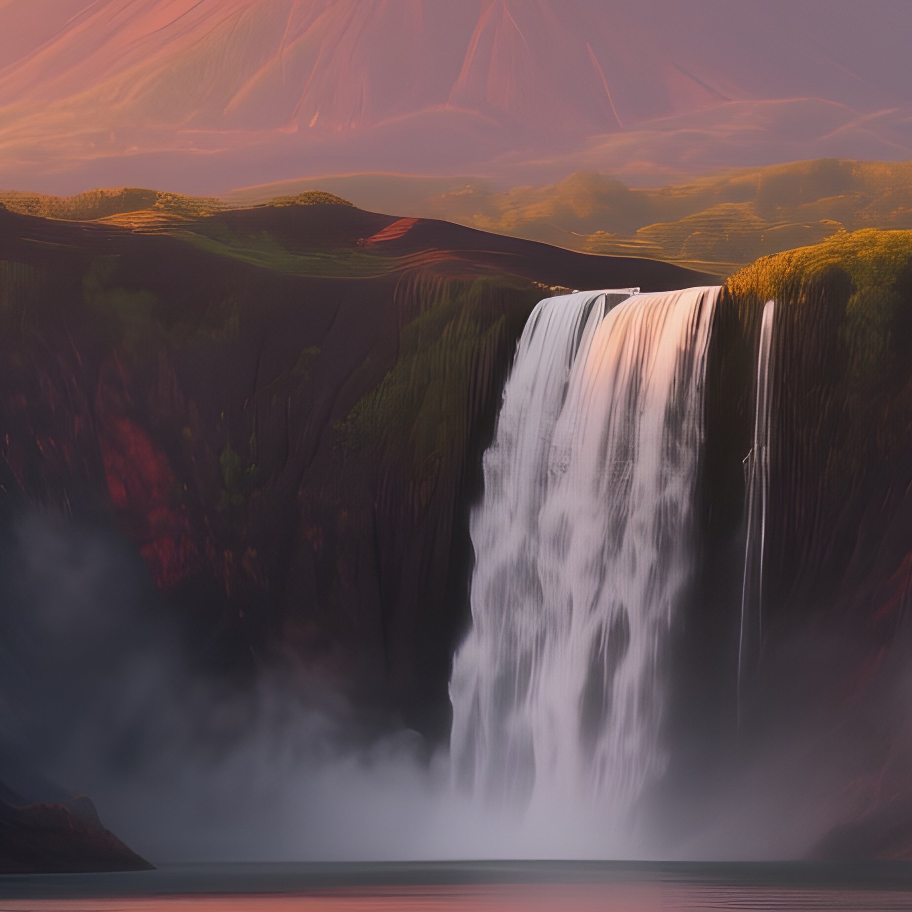 A Tropical Waterfall Plunging Into A Volcanic Crater Lake At Golden Hour, Orange And Pink Clouds - Full Resolution Quality Preview