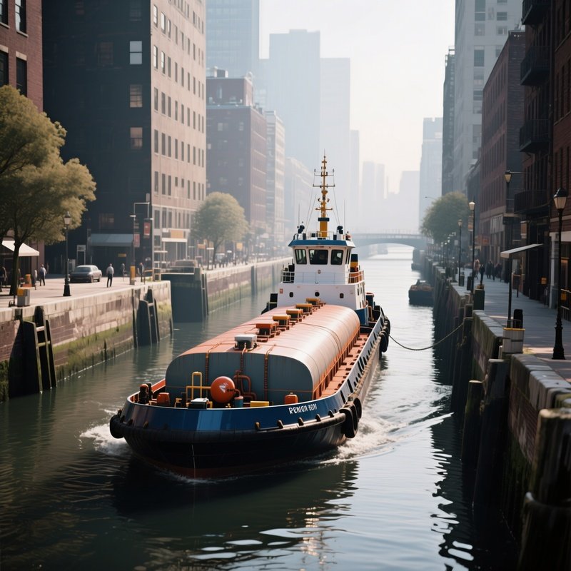 A Tug Pushing A Fuel Barge Through Narrow Urban Waterways