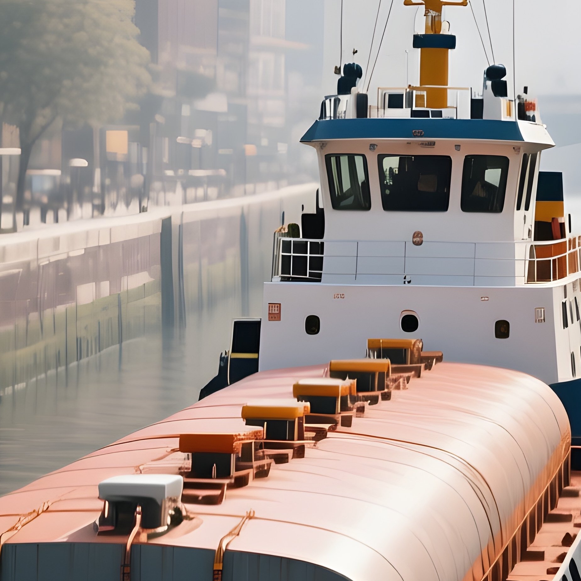 A Tug Pushing A Fuel Barge Through Narrow Urban Waterways - Full Resolution Quality Preview