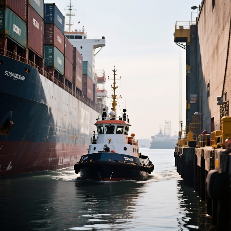 A Tugboat Guiding A Cargo Vessel Through A Narrow Port Entrance